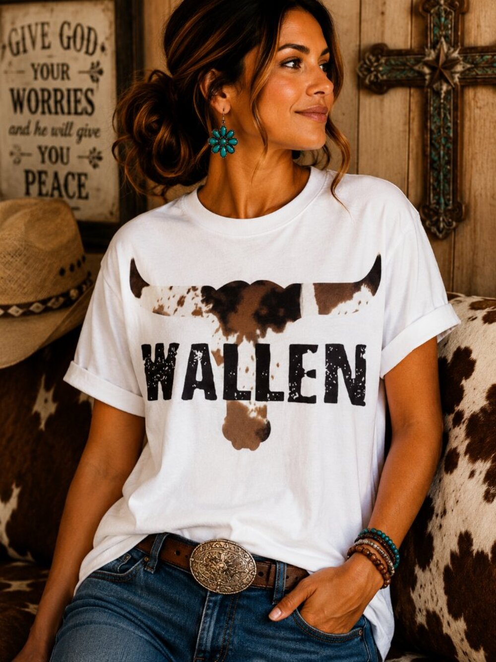 Wallen Bull Skull Cow Print Graphic T Shirt Trendy Boutique Style Tee Women Gift